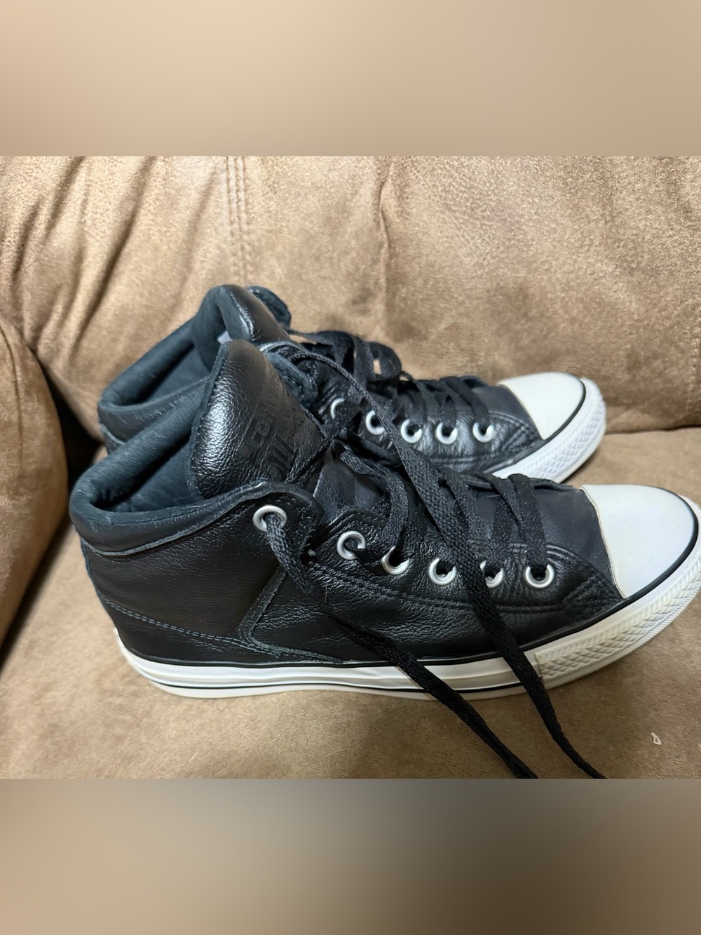Converse Black Leather High-Top Sneakers with White Toe